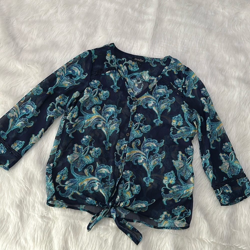 Lucky brand blue floral paisley sheer button down shirt size small